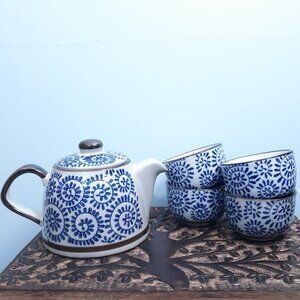 Asian Tea Set Small Teapot & Teacups Blue Gray Brown Geometric Ceramic China